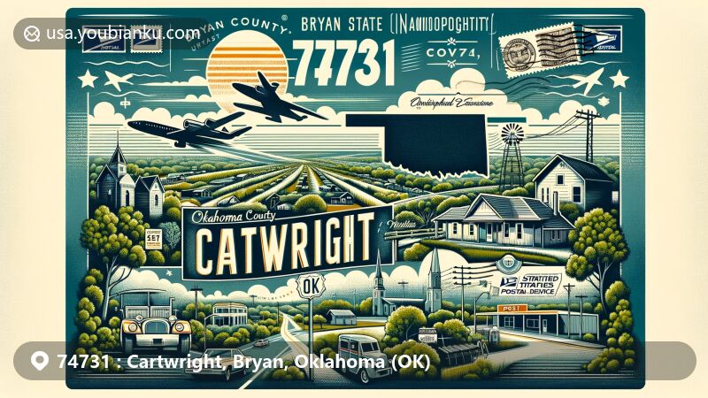 Modern illustration of Cartwright, Oklahoma, showcasing ZIP code 74731 with Bryan County silhouette, rural community, Oklahoma State Highway 91, and USPS post office, featuring post oak trees and vintage postcard design.