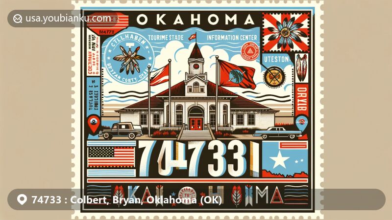 Modern illustration of Colbert, Bryan County, Oklahoma, showcasing the Colbert Tourism Information Center with ZIP code 74733, incorporating the red and white Oklahoma state flag and native tribal flags, surrounded by vintage postcard elements and postal symbols.