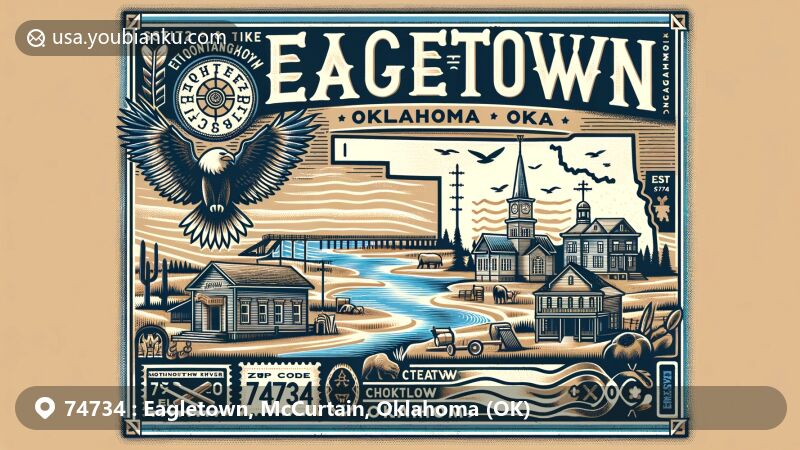 Modern illustration of Eagletown, Oklahoma (OK), showcasing first Choctaw settlement in Indian Territory, Mountain Fork River, and connection to Choctaw Trail of Tears.