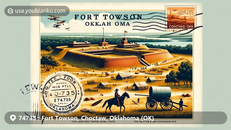 Modern illustration of Fort Towson, Oklahoma, featuring historic Fort Towson and Choctaw and Chickasaw influences, with postal theme including vintage postage stamp and ZIP code 74735.