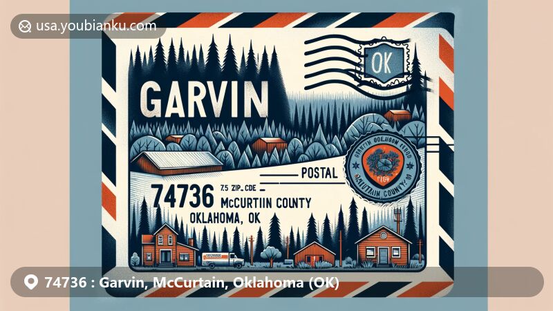 Modern illustration of Garvin, McCurtain County, Oklahoma, inspired by air mail envelope theme with ZIP code 74736, featuring dense forests, town layout, and Oklahoma state flag.