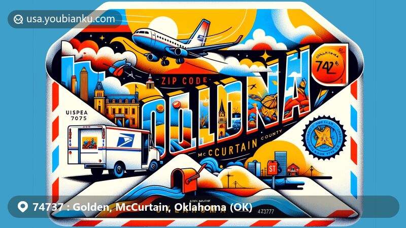 Vivid visual representation of ZIP Code 74737 in Golden, McCurtain County, Oklahoma, featuring a creative airmail envelope design with postal elements like a stamp, truck, and mailbox, showcasing Oklahoma and Golden symbols.