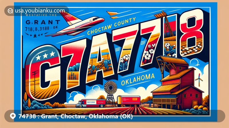 Modern illustration of Grant, Choctaw County, Oklahoma, highlighting ZIP code 74738 with vibrant postcard design, featuring '74738' in stylish font and references to cotton gin, Choctaw Nation, and Oklahoma state symbols.