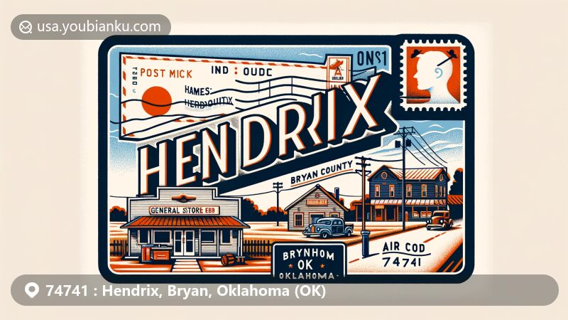 Modern illustration of Hendrix, Oklahoma, in Bryan County, showcasing postal theme with ZIP code 74741, featuring small town charm and elements reflecting history and geography.