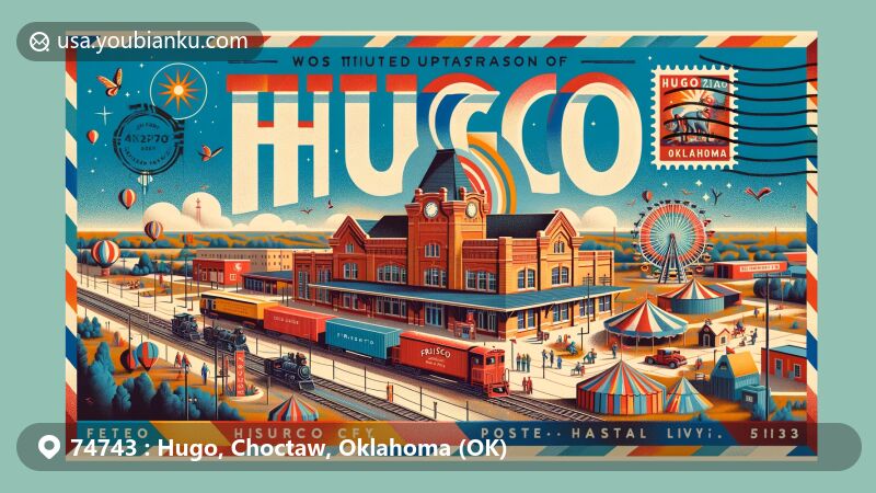 Modern illustration of Hugo, Oklahoma, featuring Frisco Depot, circus tent, and postal themes, set against a backdrop of Oklahoma landscape, Hugo Lake, and Roebuck Lake.