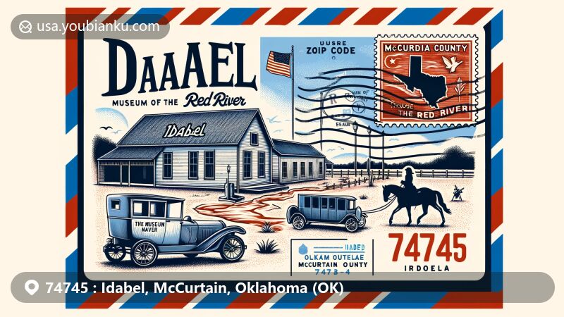Modern illustration of Idabel, Oklahoma, with a vintage airmail envelope theme, highlighting the Museum of the Red River and the influence of the Choctaw Nation. Features include the Oklahoma state flag, McCurtain County silhouette, special postage stamp, and geographic elements like the Little and Red Rivers division.