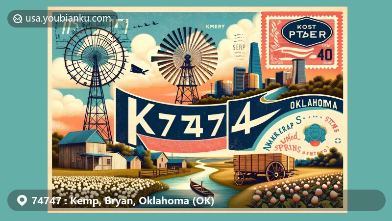 Modern illustration of Kemp, Oklahoma, highlighting postal theme with ZIP code 74747, showcasing rural beauty and Chickasaw tribe roots, featuring vintage postcard design and town heritage symbols.