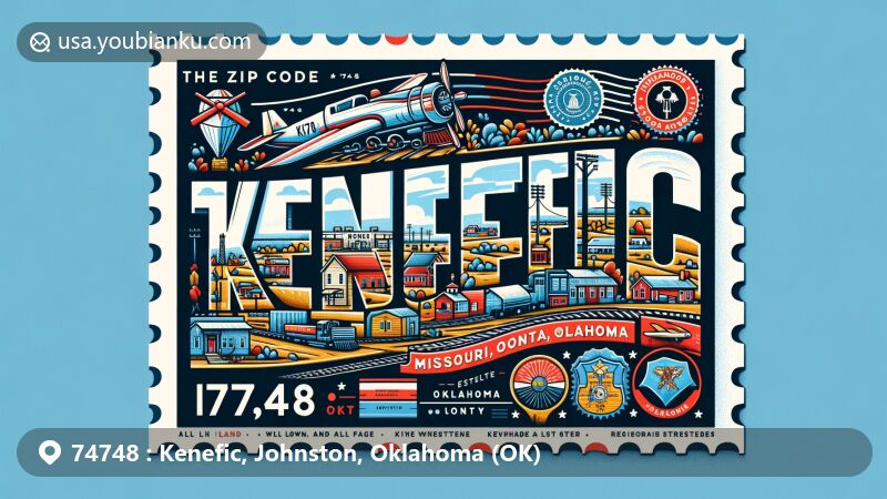 Contemporary illustration of Kenefic, Johnston County, Oklahoma, featuring landlocked nature, railway history, and Oklahoma state flag, designed as an engaging postcard with postal elements.