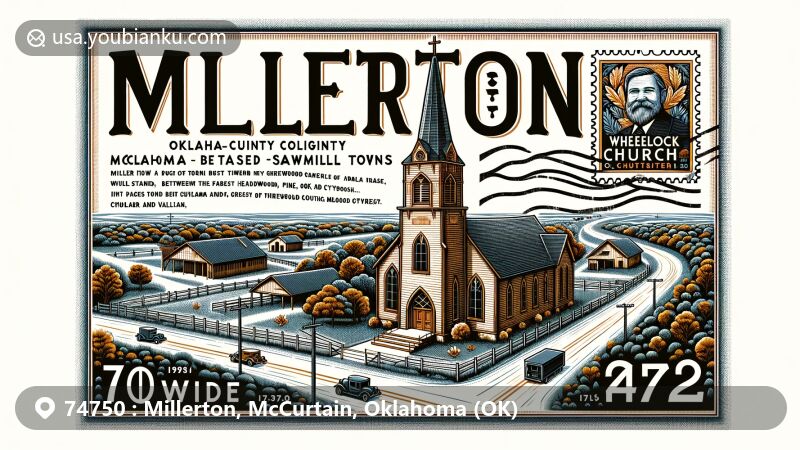 Modern illustration of Millerton, Oklahoma, showcasing historic Wheelock Church, hardwood-based sawmill town between Idabel and Valliant on U.S. Highway 70, with natural beauty featuring pine, oak, cottonwood, and cypress trees.