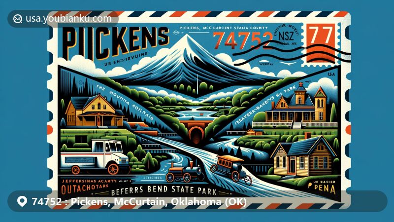 Modern illustration of Pickens, McCurtain County, Oklahoma, inspired by air mail envelope design, featuring ZIP code 74752, Ouachita Mountains, Beavers Bend State Park, Wheelock Academy, and Jefferson Gardner House.