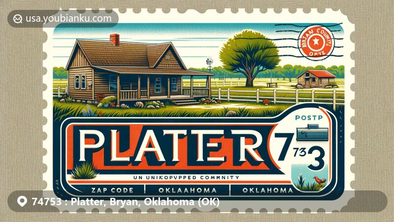 Vintage-style illustration of Platter, Oklahoma, ZIP code 74753, featuring local flora, post office, and Oklahoma state flag, capturing the community's charm within Bryan County.