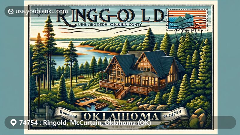 Modern illustration of Ringold, Oklahoma, in McCurtain County, depicting a luxurious cabin in a serene forest setting with Pine Creek Lake. Includes a postal theme with an Oklahoma state flag stamp and ‘Ringold, OK 74754’ postmark.