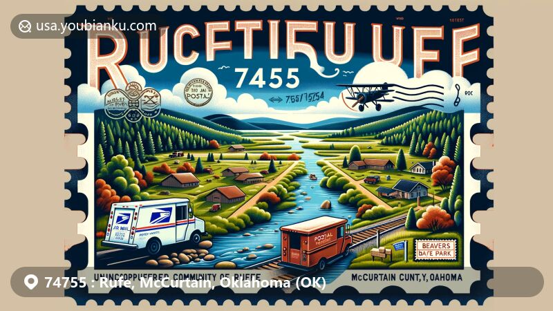 Modern illustration of Rufe, McCurtain County, Oklahoma, featuring ZIP code 74755 and natural beauty of Ouachita Mountains, highlighting Beavers Bend State Park as local tourism spot.