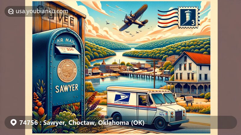 Modern illustration of Sawyer, Oklahoma, showcasing Hugo Lake and the Kiamichi River, with a focus on nature, agriculture, and timber roots, featuring Choctaw County's local flora and fauna against the backdrop of the serene lake and winding river.