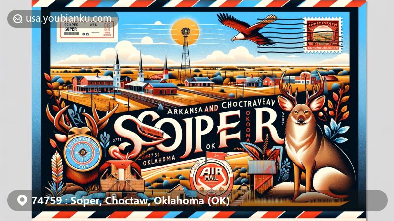 Modern illustration of Soper, Oklahoma, capturing its rural landscape and historical ties to Arkansas and Choctaw Railway, framed in an air mail envelope with ZIP code 74759, stamps, and postmark, incorporating Choctaw cultural symbols of deer, bear, wolf, and eagle.