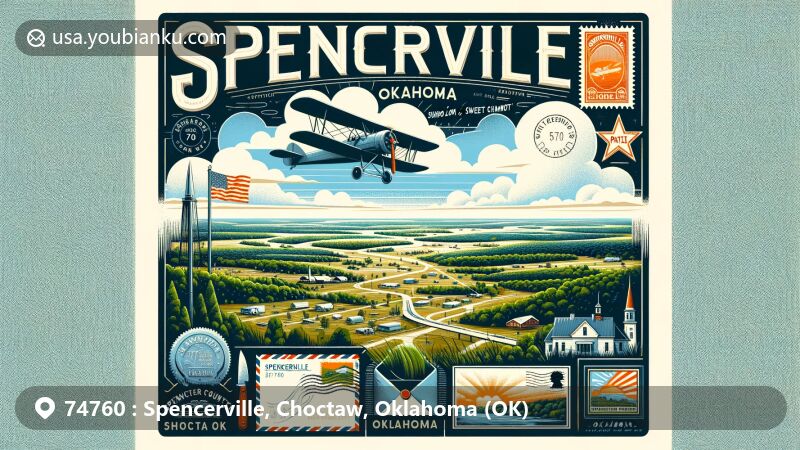 Modern illustration of Spencerville, Choctaw County, Oklahoma, inspired by postal theme with ZIP code 74760, featuring aerial view, natural landscapes, 'Swing Low, Sweet Chariot' references, and symbols of Oklahoma state.
