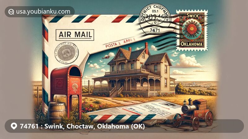Modern illustration of Swink, Oklahoma, emphasizing postal theme with ZIP code 74761, featuring District Choctaw Chief's House in detailed air mail envelope, adorned with vintage stamp of Oklahoma state flag.