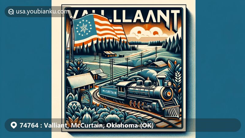 Modern illustration of Valliant, Oklahoma, with ZIP code 74764, featuring vintage postcard design highlighting key historical and cultural elements like the Oklahoma state flag, McCurtain County outline, and symbols related to Valliant's railway and forestry legacy.