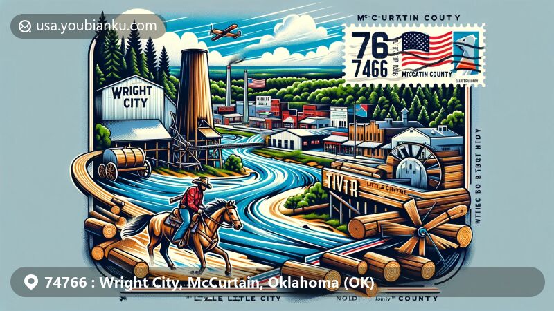 Modern illustration of Wright City, McCurtain County, Oklahoma, capturing the postal theme with ZIP code 74766, featuring scenic view with the Little River, sawmill representing lumber history, and cowboy on horseback symbolizing the Little Cheyenne Rodeo.