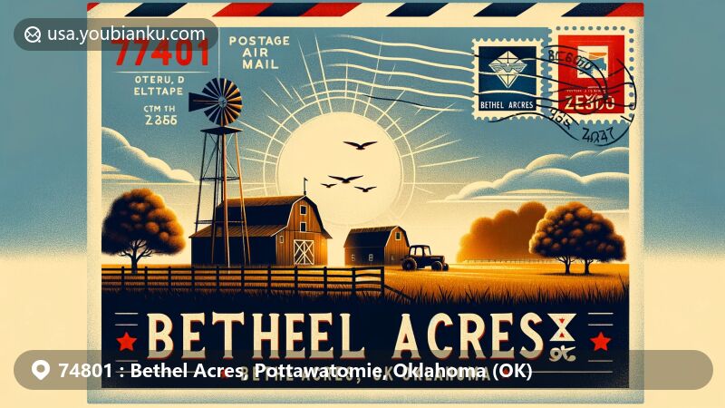 Modern illustration of Bethel Acres, Oklahoma, integrating rural lifestyle elements with postal theme, featuring vintage air mail envelope, 'Bethel Acres, OK 74801' postmark, and Oklahoma state flag stamp.
