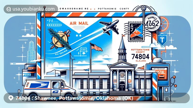 Modern illustration of Shawnee, Pottawatomie County, Oklahoma, featuring air mail envelope with Oklahoma state flag, Pottawatomie County Museum Complex, and postal elements.