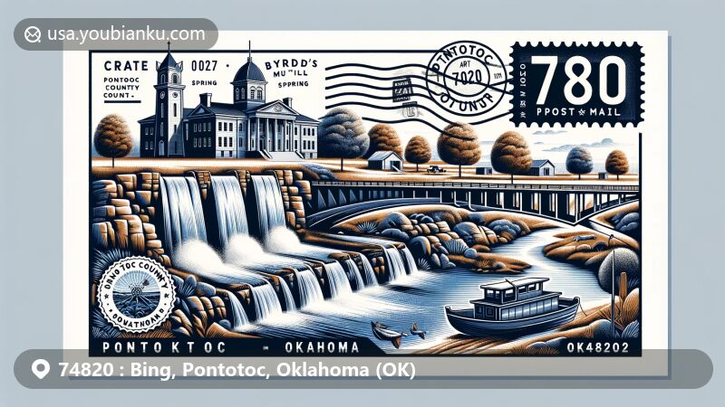 Modern illustration of Bing, Pontotoc, Oklahoma, highlighting ZIP code 74820, featuring landmarks like Pontotoc County Courthouse, Byrd's Mill Spring, and Turner Falls, with creative postal elements merging postcard and air mail design.