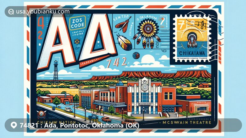 Modern illustration of Ada, Oklahoma, showcasing postal theme with ZIP code 74821, featuring Chickasaw Nation Headquarters and McSwain Theatre.