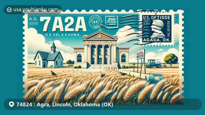 Creative illustration of Agra, Oklahoma, showcasing agricultural scene and historical significance in Lincoln County, ZIP code 74824, with vintage postal elements and Bank of Agra tribute.
