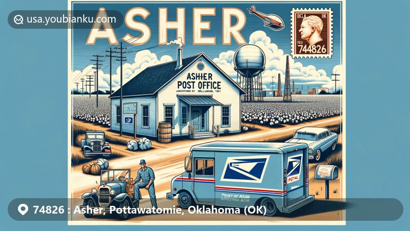Modern illustration of Asher, Oklahoma, 74826, highlighting post office history, landmarks, and postal elements. Depicts founding in 1901, with cotton fields, oil derricks, and basketball success. Includes air mail envelope, ZIP code 74826 stamp, and postal truck.