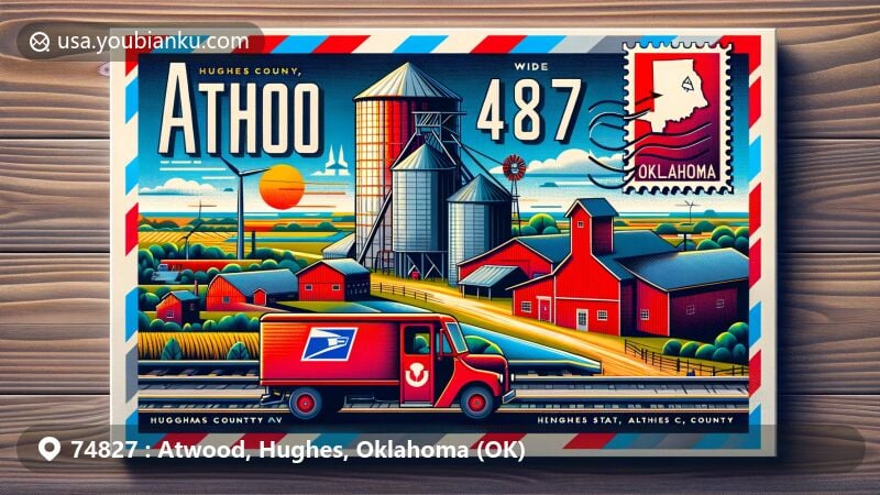 Modern illustration of Atwood, Hughes County, Oklahoma, depicting ZIP code 74827 with state flag, county outline, and rural elements, framed in airmail envelope. Includes postal symbols like postmark and red postal truck.
