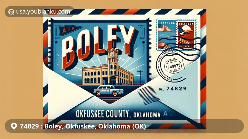 Modern illustration of Boley, Okfuskee County, Oklahoma, featuring airmail envelope with stamp of iconic structure from Boley Historic District, highlighting town's significance as all-black town with ZIP code 74829.