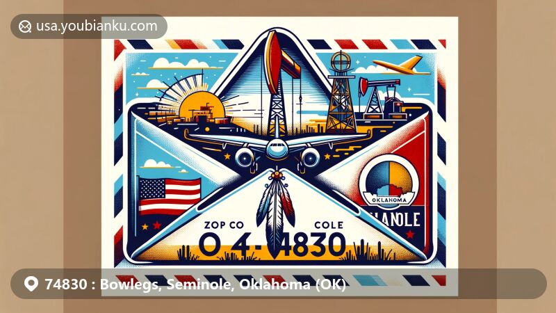 Creative illustration of Bowlegs, Seminole County, Oklahoma, featuring aviation-themed envelope with symbols of oil derricks, Seminole Native American culture, and the Oklahoma state flag.