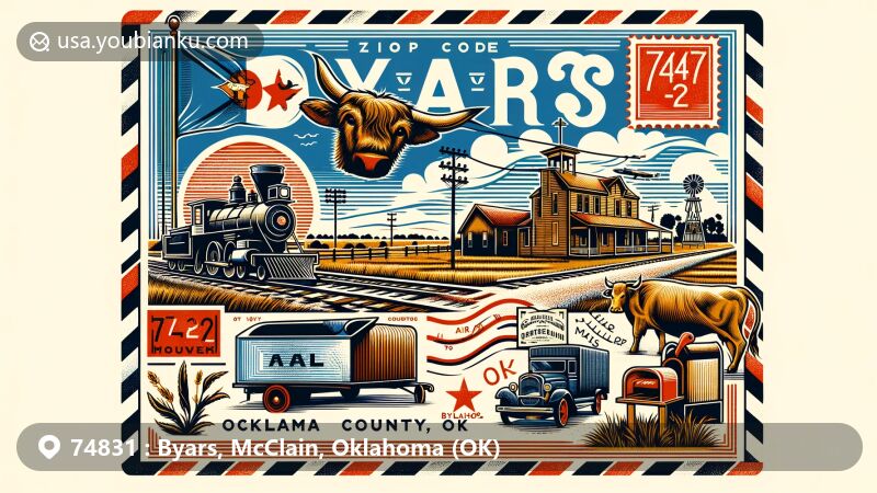 Modern illustration of Byars, McClain County, Oklahoma, with agricultural and cattle ranching heritage, featuring Oklahoma Central Railway and state flag symbols.