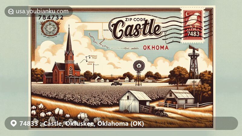 Vintage-style illustration of Castle, Okfuskee County, Oklahoma, featuring rural charm with cotton fields or historical oil wells, ZIP code 74833, and postal elements like an old-fashioned mailbox and a postmark.
