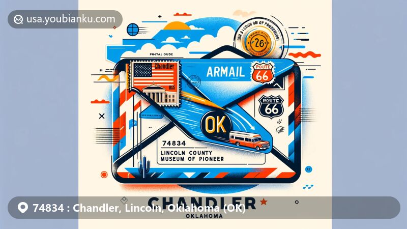 Modern illustration of Chandler, Oklahoma, showcasing postal theme with ZIP code 74834, featuring Lincoln County's outline, Oklahoma flag, and Route 66 sign.