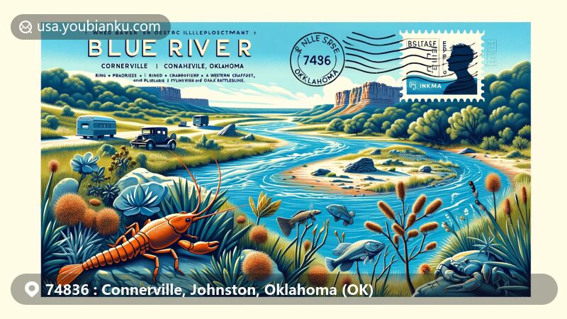 Contemporary banner illustration of Blue River in Connerville, Oklahoma, showcasing natural beauty and local wildlife like orangebelly darter, ringed crayfish, and western pygmy rattlesnake.