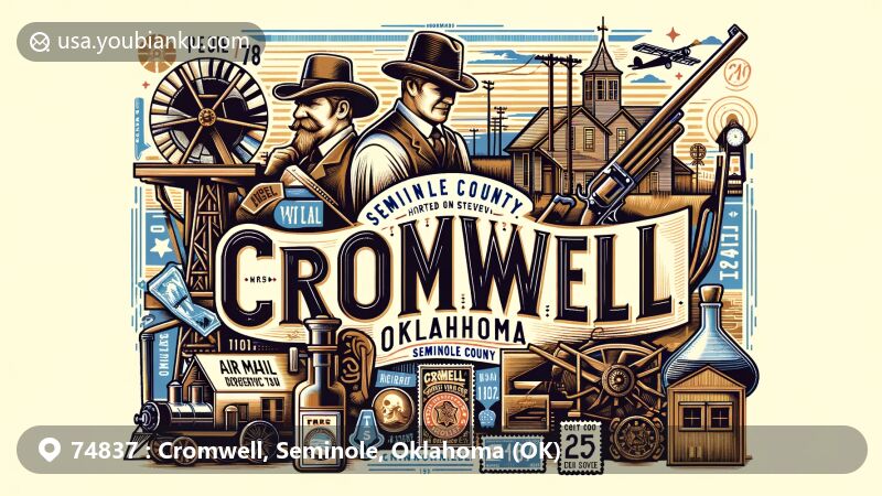 Modern illustration of Cromwell, Oklahoma, showcasing postal theme with ZIP code 74837, portraying the town's oil boom era and 'Cromwell the Wicked' reputation. Features air mail envelope, stamp, and postmark, honoring its postal heritage and Muscogee (Creek) Nation jurisdiction.