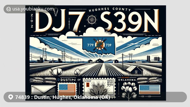 Modern illustration of Dustin, Oklahoma, merging postal and regional elements for ZIP code 74839, featuring Hughes County outline, Oklahoma flag, Lake Dustin, and symbolic postage stamps.