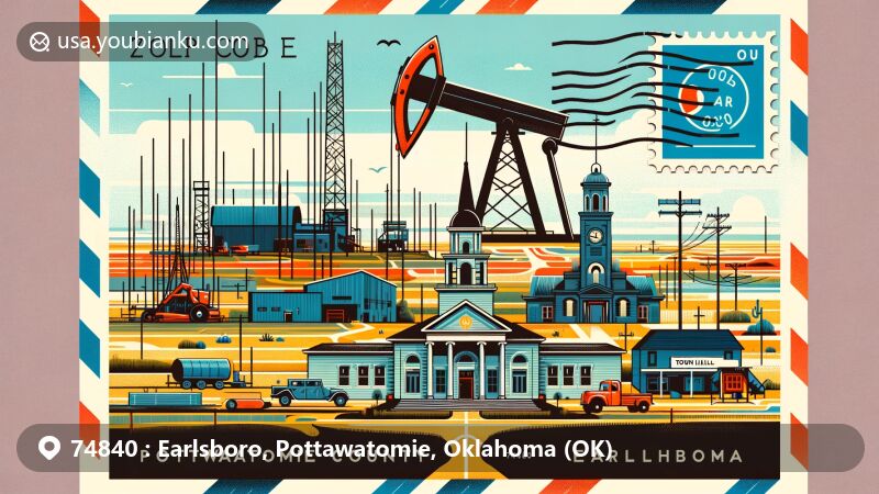 Modern illustration of Earlsboro, Pottawatomie County, Oklahoma, capturing the transition from a bustling town scene to the modern rural setting, featuring an EF2 tornado impact subtly, with a faux postage stamp of Earlsboro town hall and Oklahoma state flag.