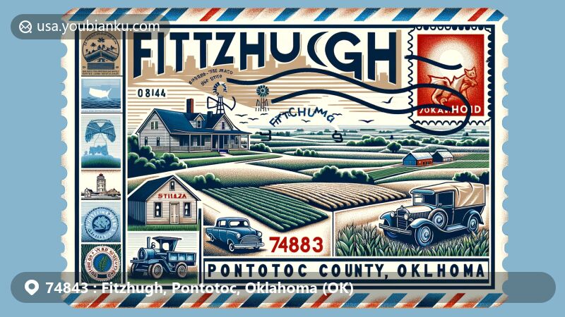 Modern illustration of Fitzhugh area, Pontotoc County, Oklahoma, featuring rural landscape and farmlands, incorporating iconic symbols of Oklahoma like state flag, reflecting the town's geography and demographics. Highlighting county's cultural and historical aspects, including Native American heritage and agricultural roots, with postal elements such as vintage stamp with Fitzhugh outline, postmark with date and ZIP code 74843, and imagery of old mailbox or postal vehicle, symbolizing town's postal history.