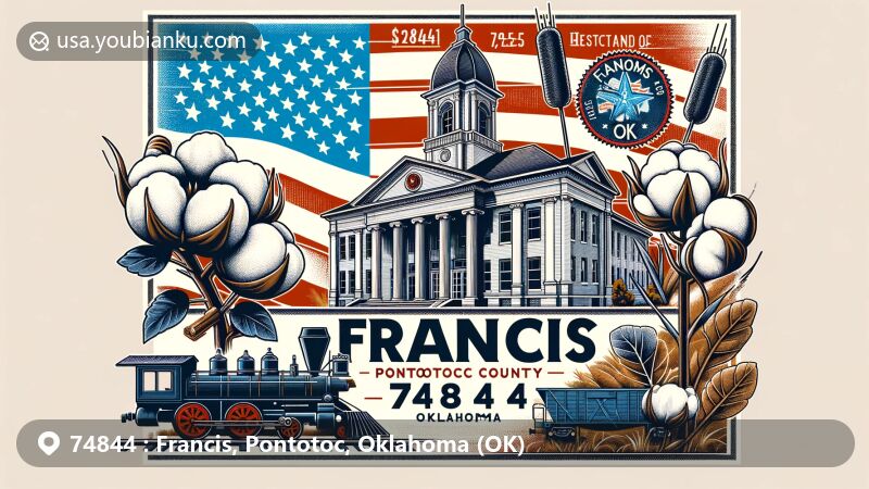 Colorful illustration of Francis, Pontotoc County, Oklahoma, with ZIP code 74844, showcasing local history and culture in a vintage postcard style, featuring Pontotoc County Courthouse, a train, cotton plants, American and Oklahoma state flags, and a postage stamp with Oklahoma outline and cattail motif.