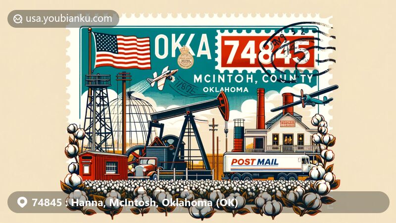Modern illustration of Hanna, McIntosh County, Oklahoma, highlighting ZIP code 74845 with local landmarks like oil pump, cotton gin, and Hanna Drug Company, incorporating state symbols and postal elements.