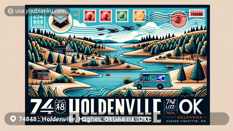 Vivid illustration of Holdenville, Hughes County, Oklahoma (OK), portraying Holdenville City Lake, woodlands, and rolling hills, featuring postal elements like air mail envelope, postal truck, and ZIP Code 74848.