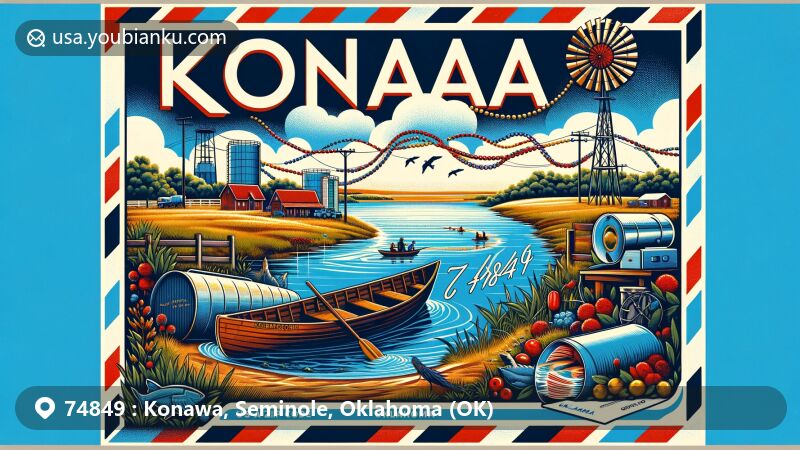 Modern illustration of Konawa, Oklahoma, representing ZIP code 74849 with stylish flair, showcasing Seminole heritage, Lake Konawa's natural beauty, local agriculture, energy industry symbols, and the Oklahoma state flag.