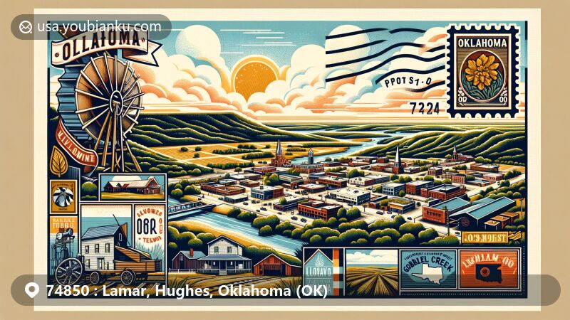 Modern illustration of Lamar, Oklahoma, with ZIP code 74850, showing vintage postcard style and highlighting geographical features like Lamar Mountain and Gobbler Creek.