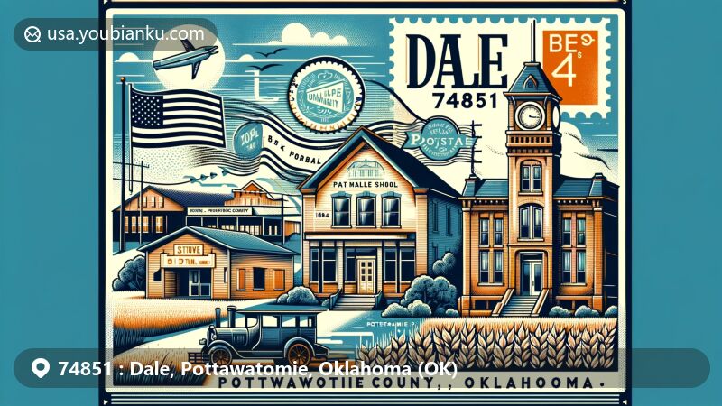 Modern illustration of Dale, Pottawatomie County, Oklahoma, highlighting ZIP Code 74851 with local community and postal elements, including historical references to farming community, Rock Island railroad, vintage stamp, postmark, and Pottawatomie County outline.