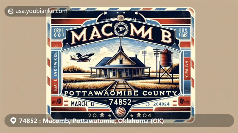 Modern illustration of Macomb, Pottawatomie County, Oklahoma, featuring vintage airmail envelope design with ZIP code 74852, showcasing historic U.S. Post Office and Oklahoma's pastoral scenery.