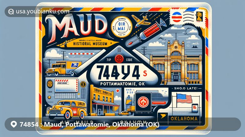 Modern illustration of Maud, Pottawatomie, Oklahoma, featuring a creative airmail envelope with ZIP code 74854, showcasing Maud Historical Museum, Irby Drug Building, tribute to Wanda Jackson, and Oklahoma state symbols.