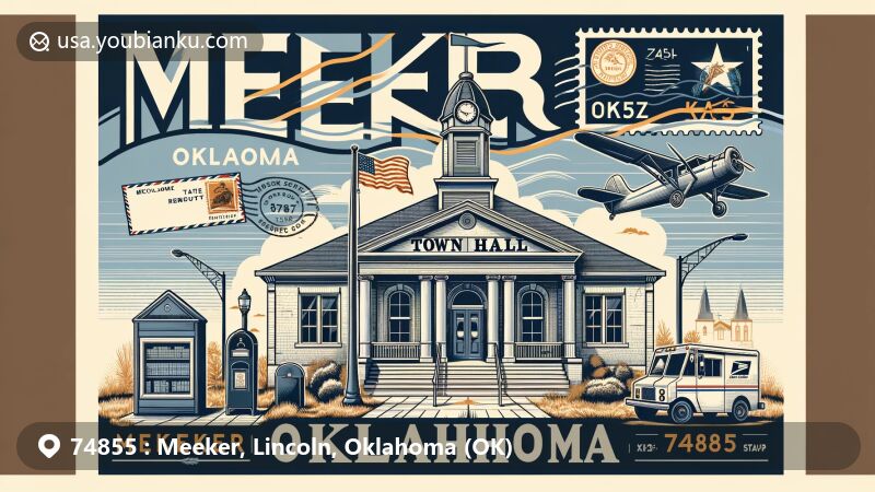 Modern illustration of Meeker, Lincoln County, Oklahoma, presenting vintage postcard theme with ZIP code 74855, featuring Meeker Town Hall, Meeker Public Library, and Oklahoma state flag.