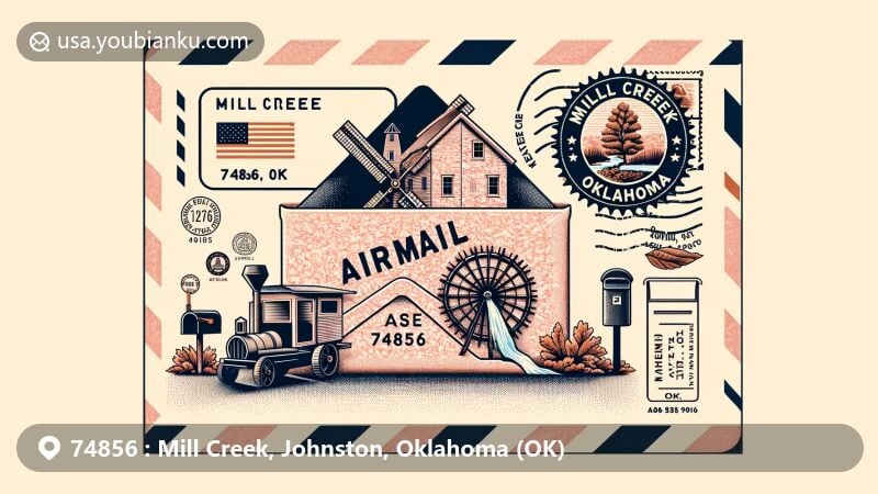 Creative illustration of Mill Creek, Oklahoma, with a postal theme showcasing 'Autumn Rose' pink granite pattern on an airmail envelope, featuring Cyrus Harris' mill and postal elements.